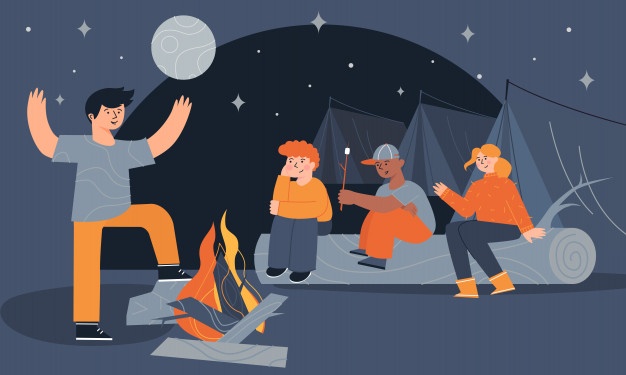 children sitting near campfire tents eating marshmallow telling scary stories night 135869 120